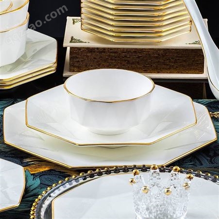 创意新品八角系列餐具 北欧风餐具套装 陶瓷碗生产厂家 景德镇镶金边异形餐具